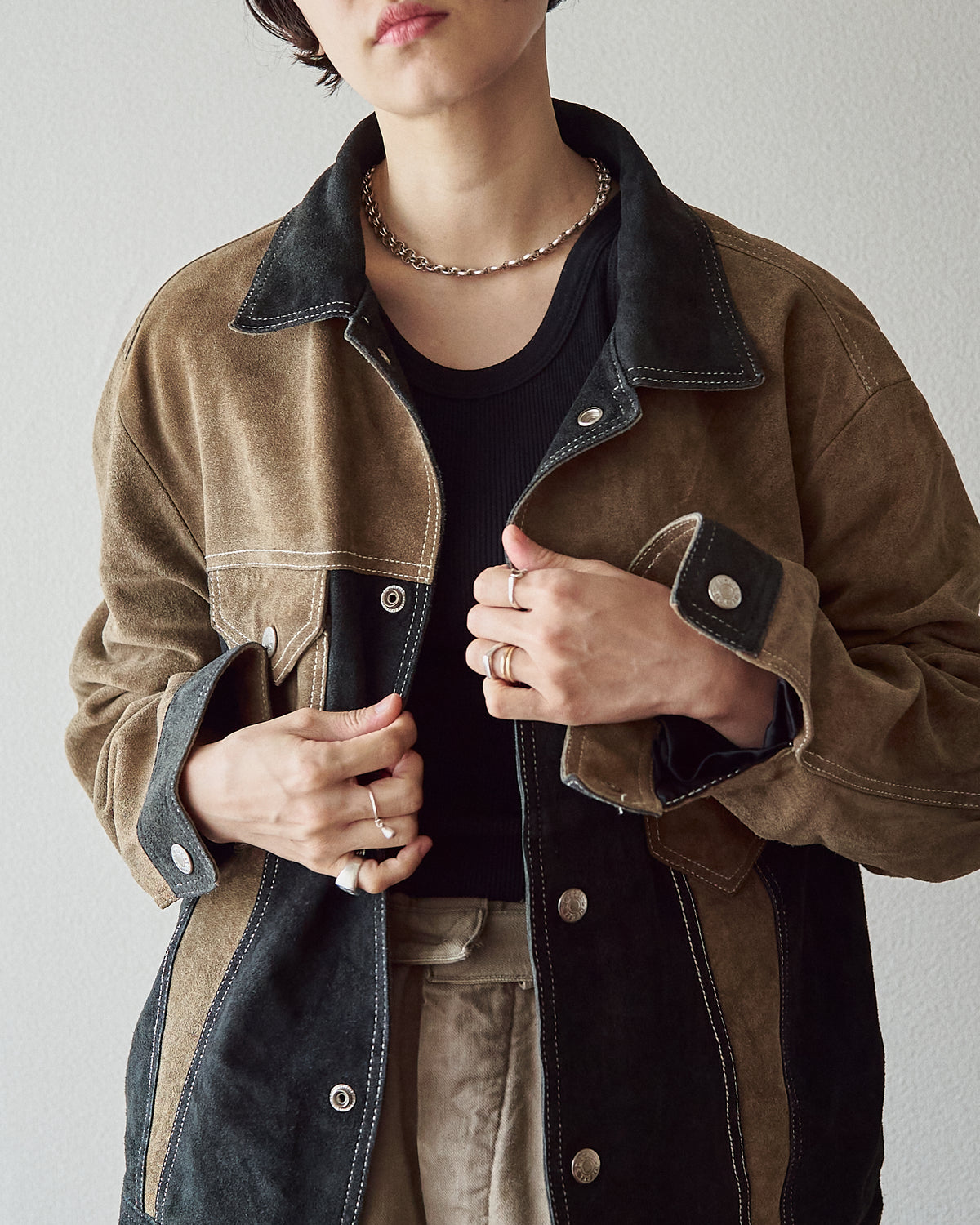 【SIZE M-L】90s DIESEL Suede Two-Tone Trucker Jacket / Beige Black