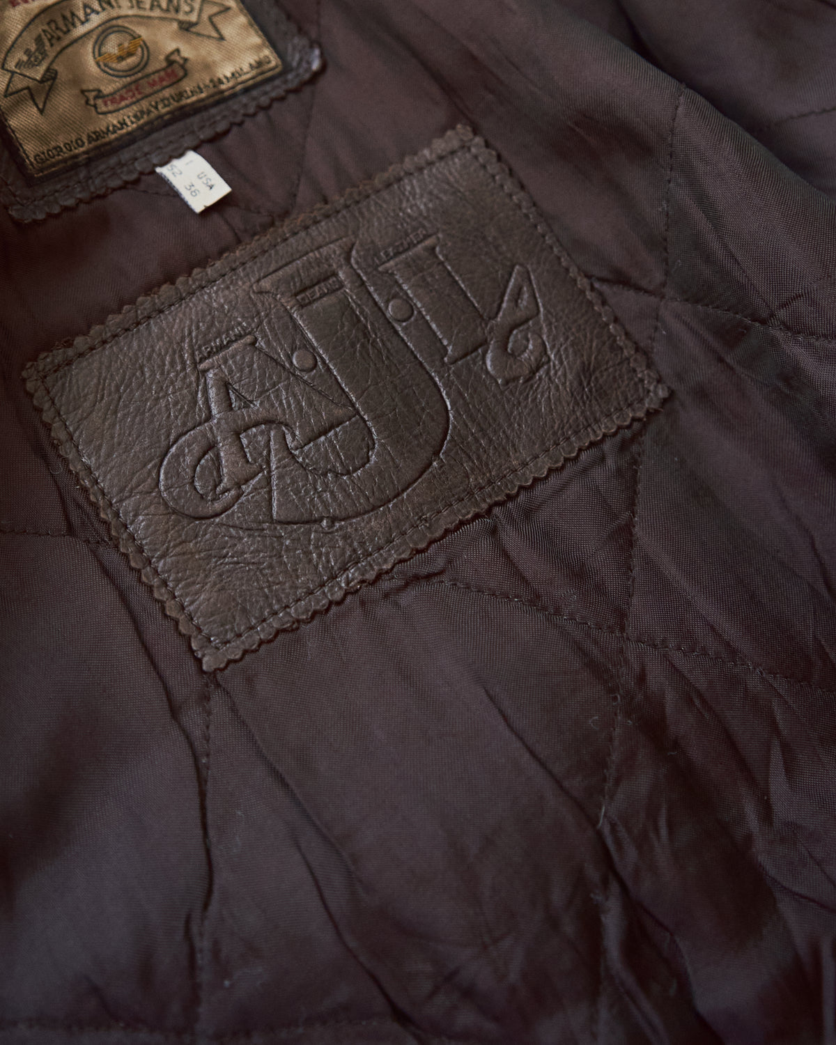 【SIZE L】-90s ARMANI JEANS  Leather Flight Bomber Jacket / Brown