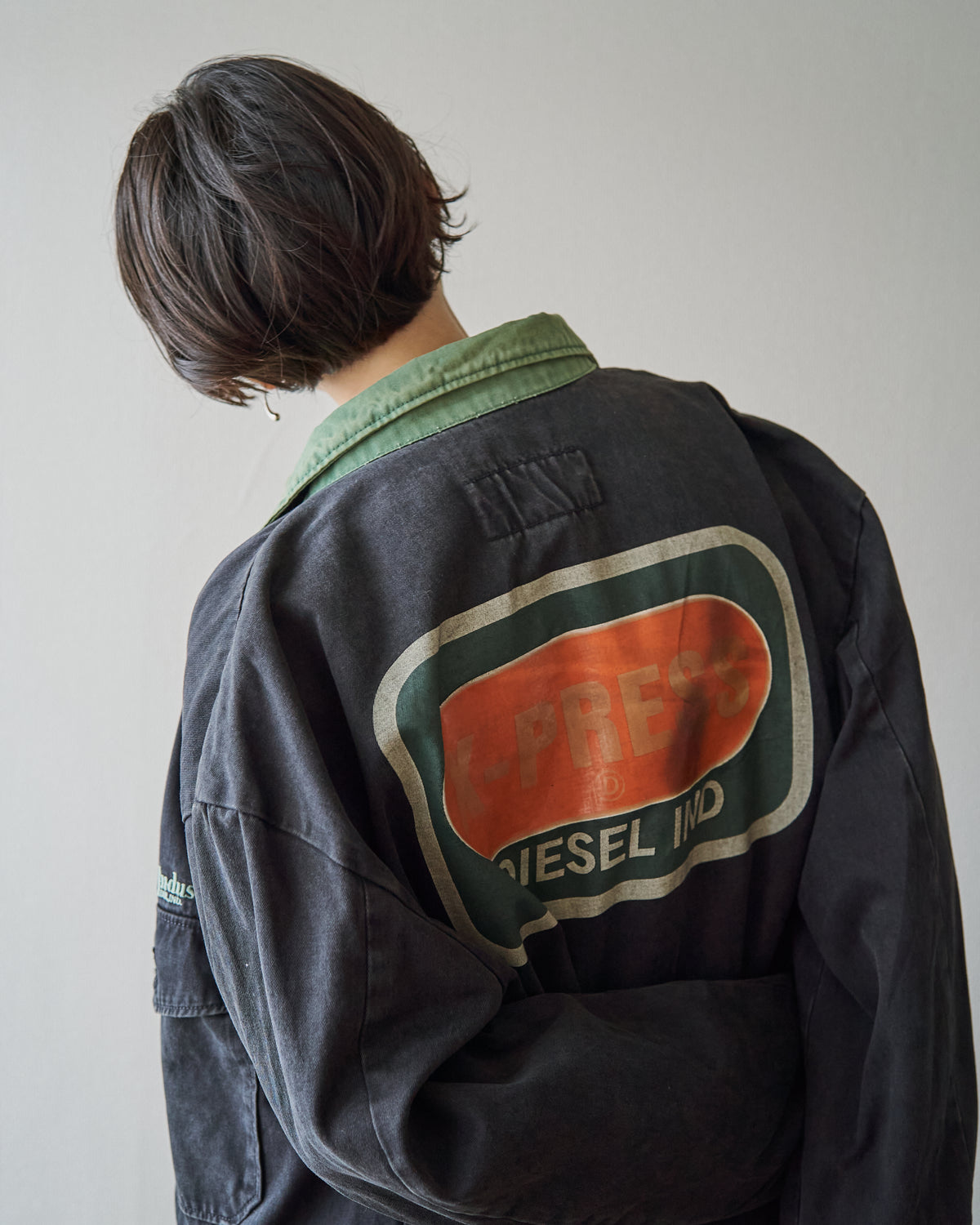 【SIZE L】90s DIESEL Industry Cotton Twill Contrast Collar Work Jacket / Black x Moss Green