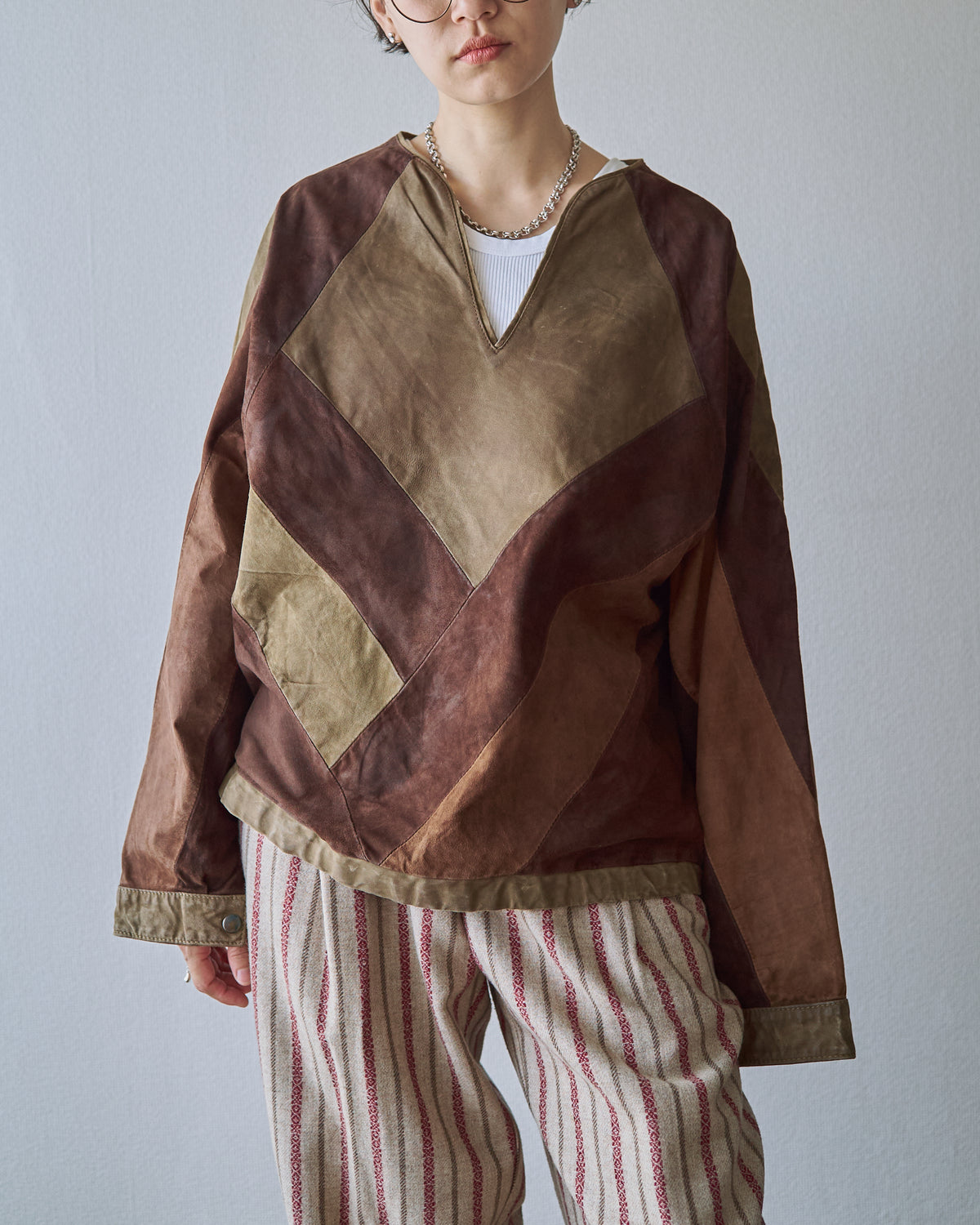 【SIZE S】70s Geometric Patchwork Suede Pullover / Tonal Brown