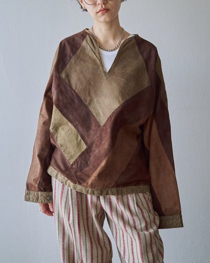 【SIZE S】70s Geometric Patchwork Suede Pullover / Tonal Brown