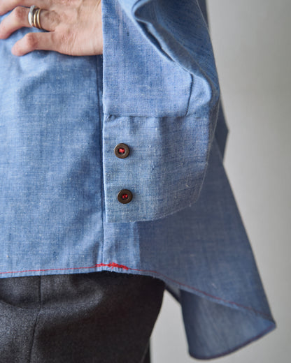 【SIZE M-L】70-80s HOUSE OF HANOVER Contrast-Stitch Poly-Cotton Western Chambray Shirt / Blue