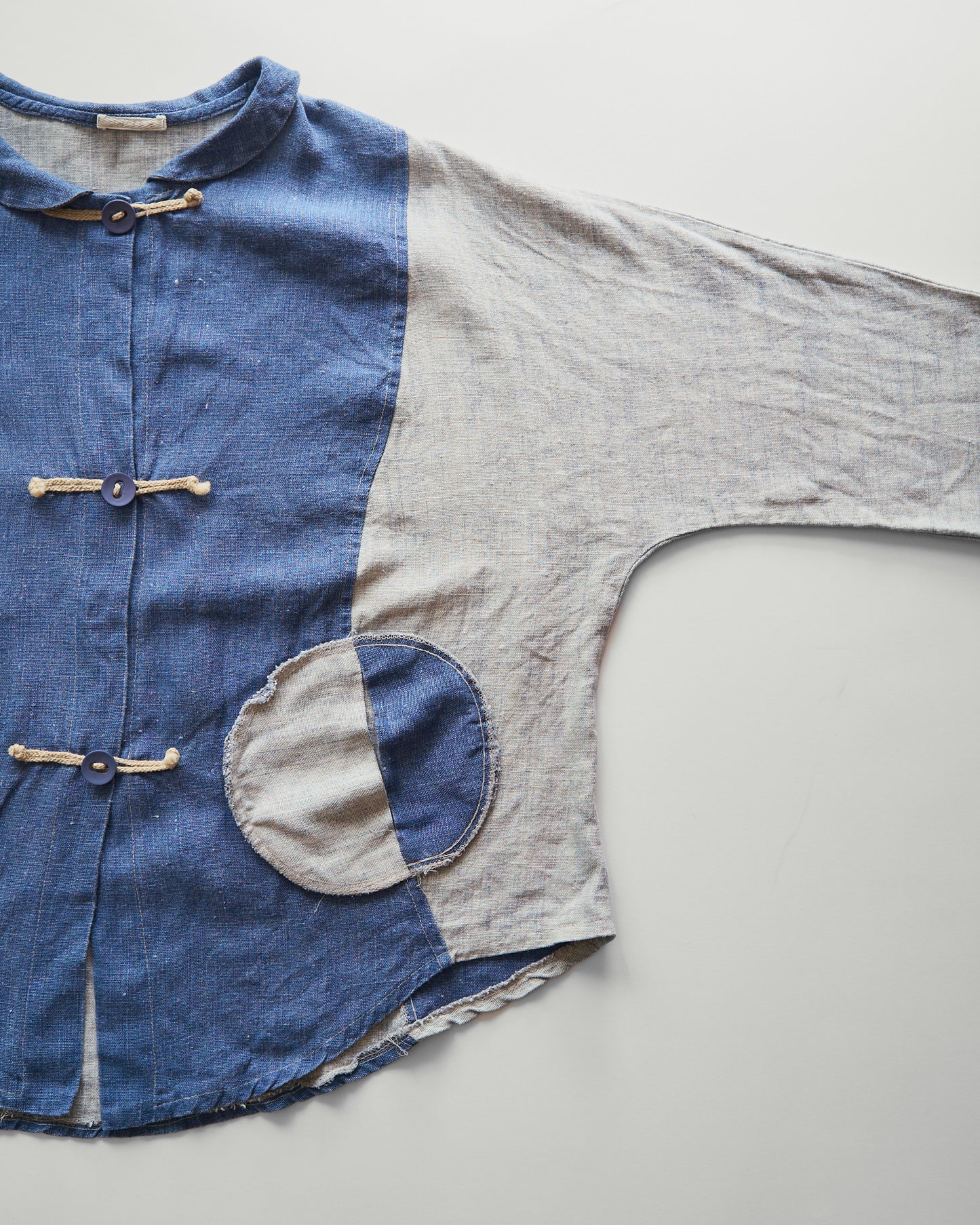 80-90s Circular Pocket Switching Linen Jacket / Blue × Gray