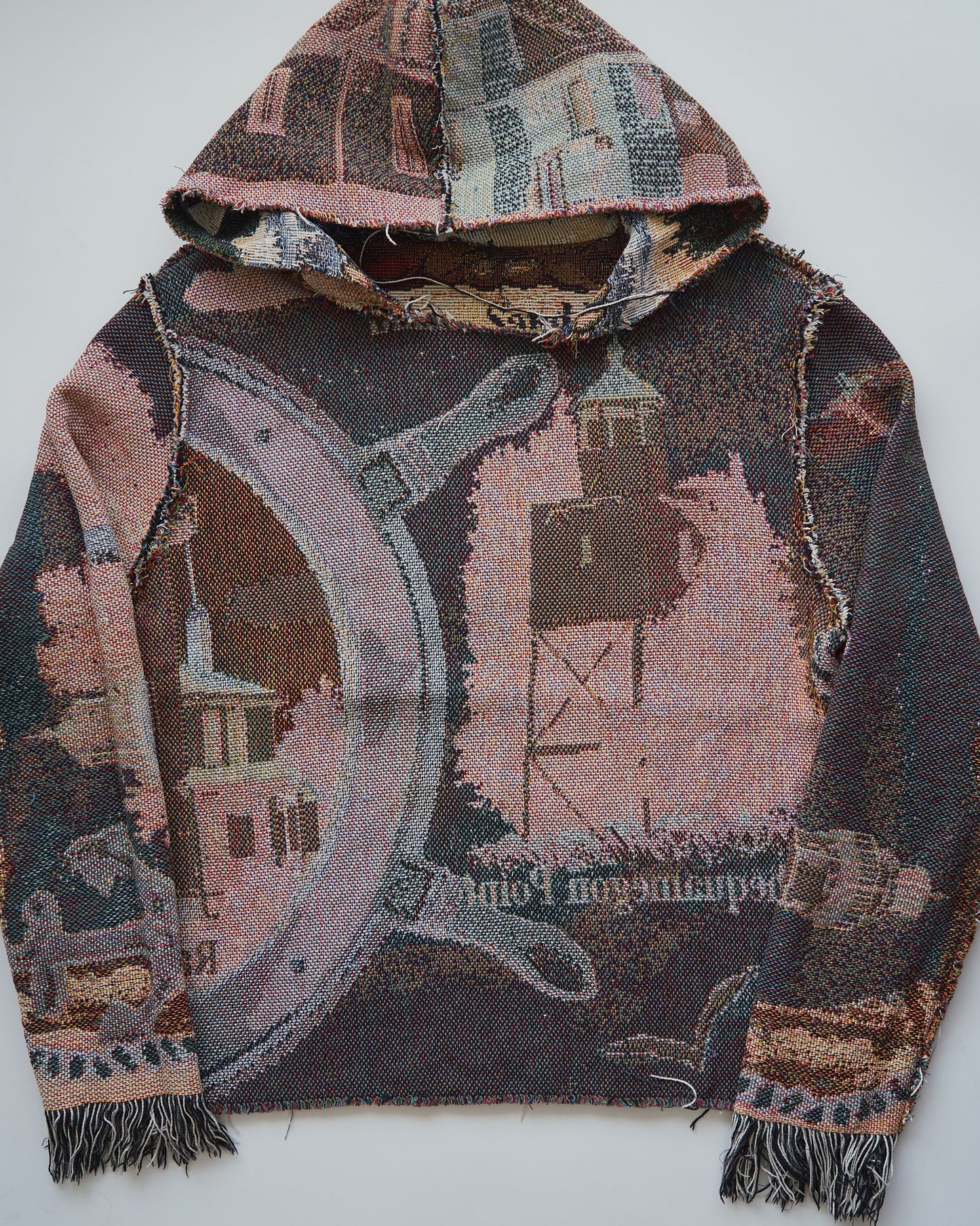 Lighthouse Jacquard Tapestry Remake Hoodie / Fringe Trim Multi