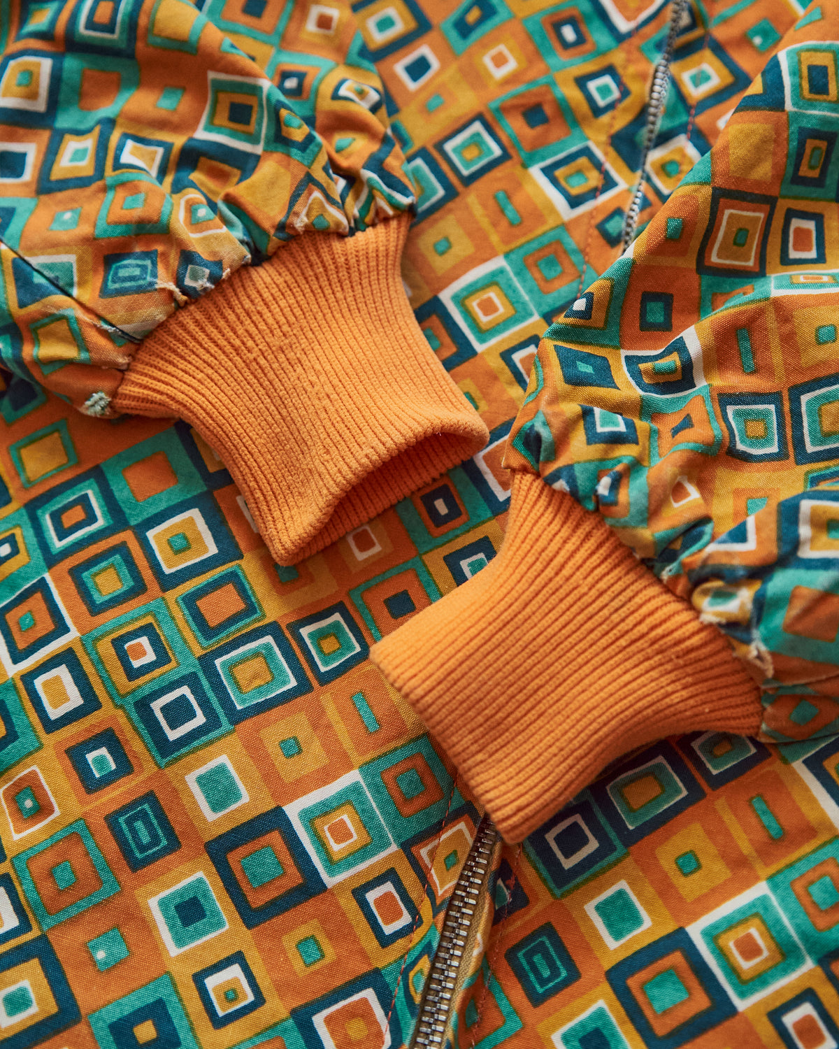 【SIZE S】70s Reversible Cotton Op-Art Geometric Print Ski Parka / Orange Multi