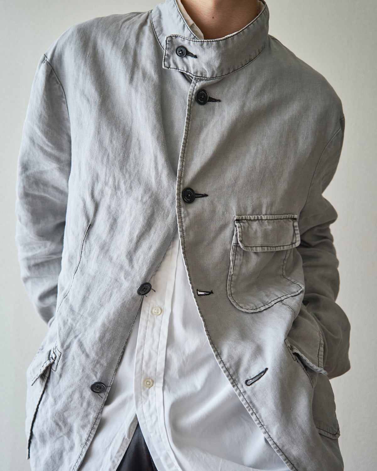 【SIZE : M-L】 ARMANI JEANS Garment-Dyed Linen Field Jacket / Light Grey