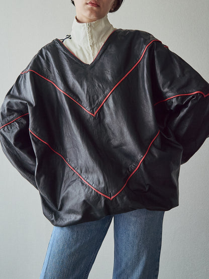 【SIZE XL】80s Shoulder-Snap Oversized Piping Leather Pullover / Black Red Piping