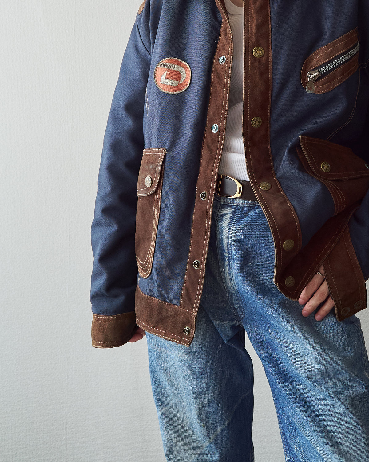 【SIZE L】90s DIESEL Cordura Nylon Suede Elbow-Patc Trucker Jacket / Black