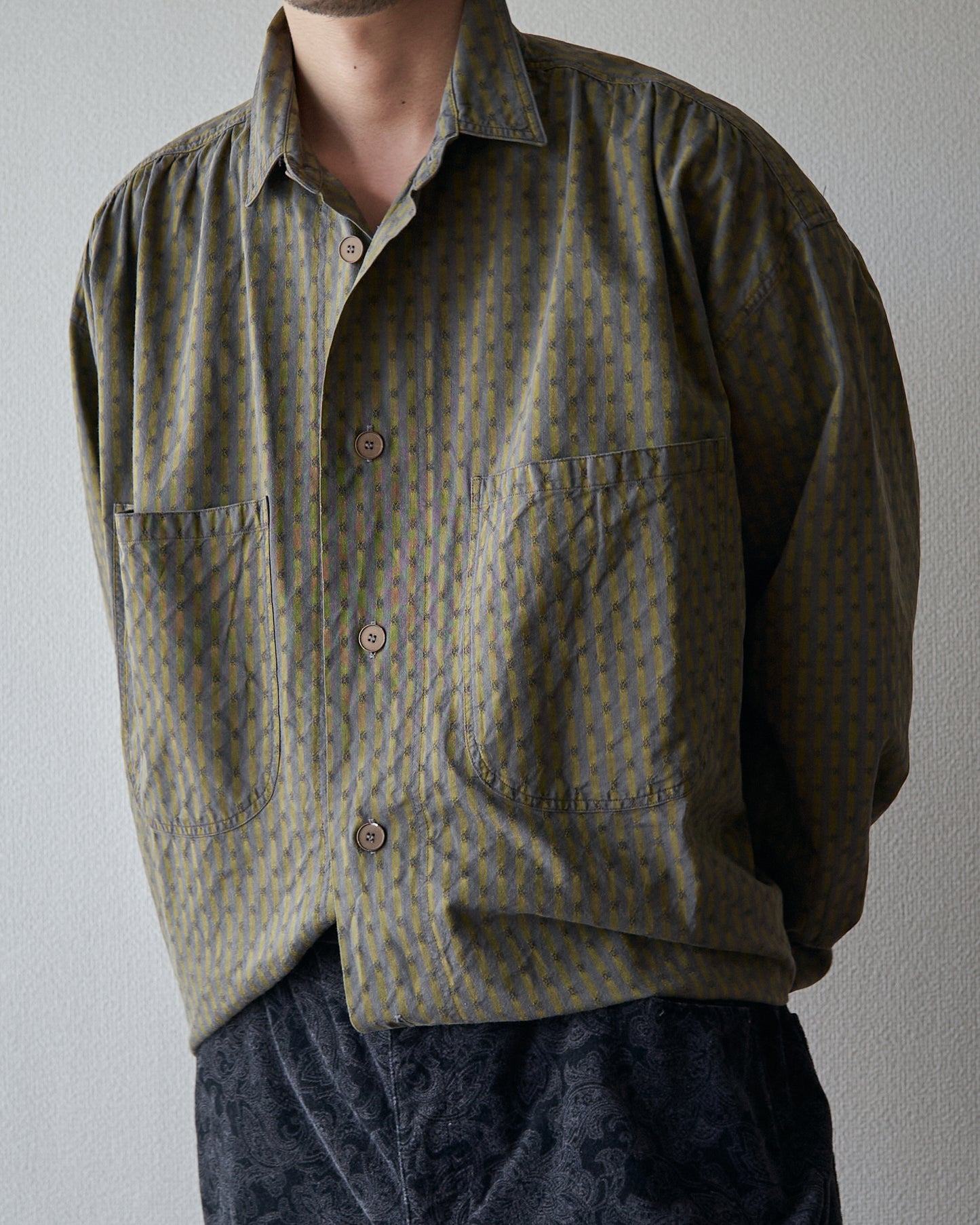 80-90s RENOMA PARIS Cotton Dobby-Striped Balloon Sleeve Shirt / Mustard Grey × Charcoal
