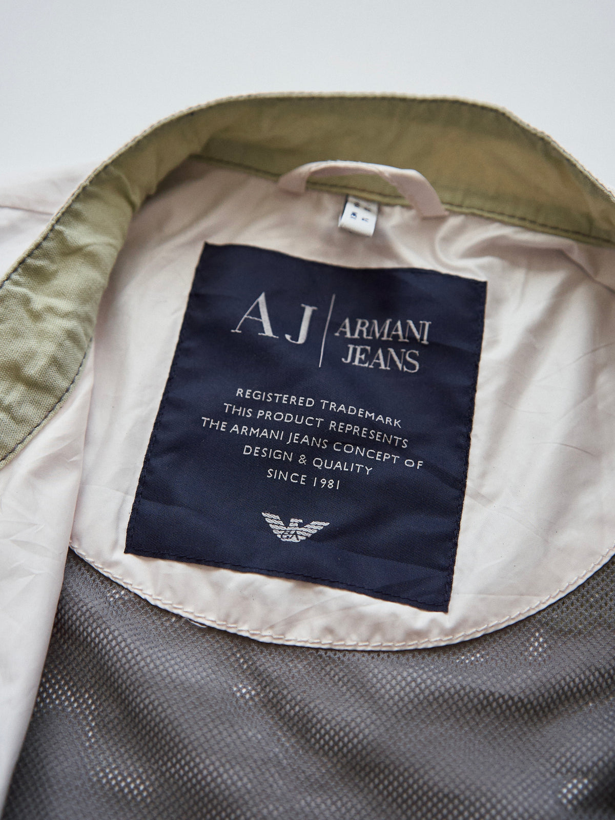 【SIZE M】2000s ARMANI JEANS PU-Coated Racing Stripe Moto Jacket / Ivory Sage Line