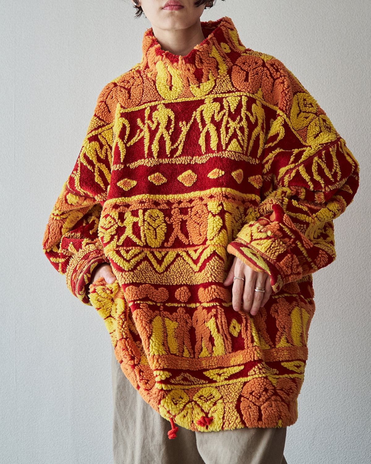 【SIZE L】90s DESCENTE Acrylic Jacquard Boa Tribal Pattern Pullover / Red