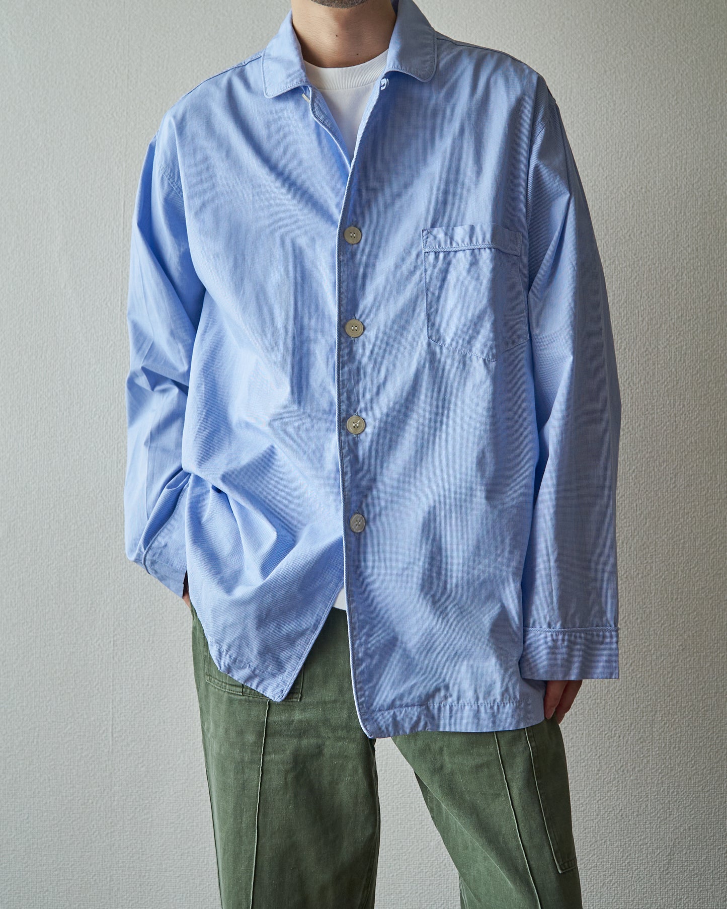 BROOKS BROTHERS 346 Cotton Micro-Check Open Collar Sleeping Shirt / Blue
