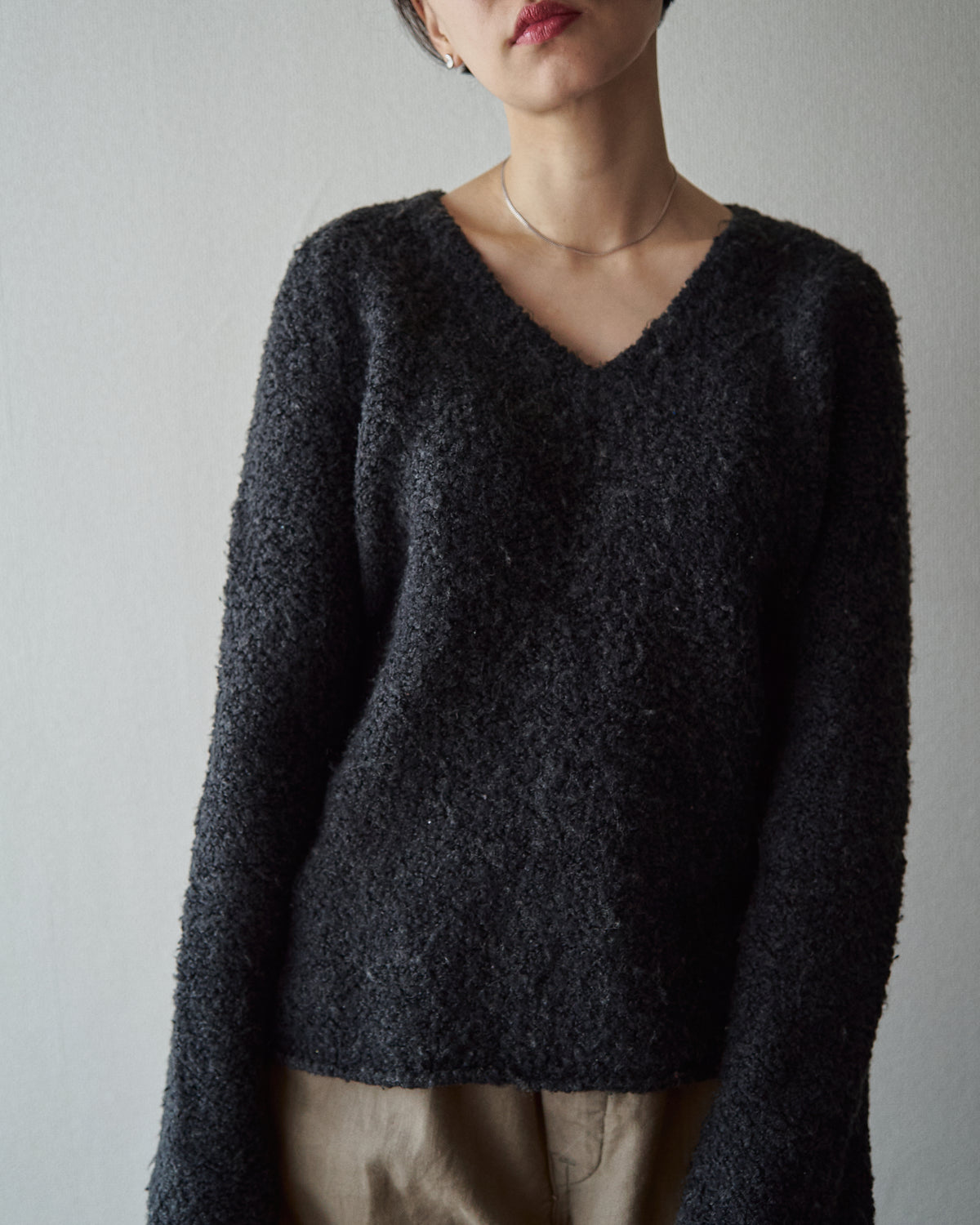 【SIZE S-M】J.CREW Bouclé Textured V-Neck Sweater / Black