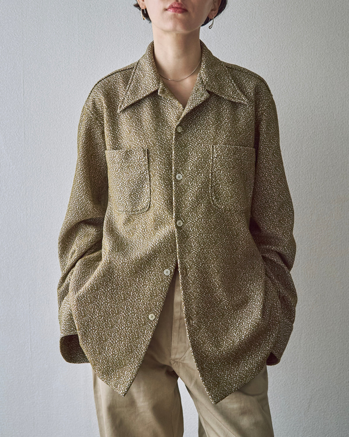【SIZE M-L】70s Jacquard Knit Open Collar Shirt / Olive Ivory