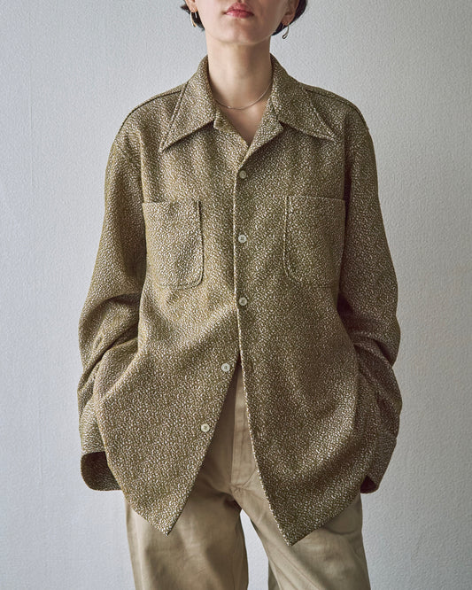 【SIZE M-L】70s Jacquard Knit Open Collar Shirt / Olive Ivory