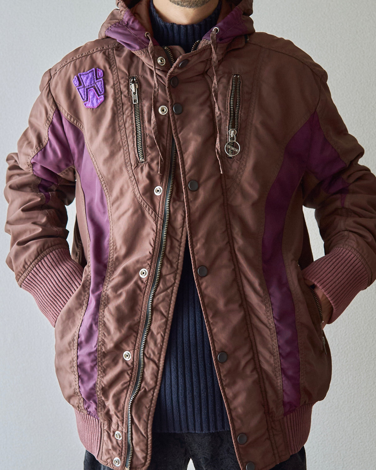 【SIZE M-L】00s DIESEL Multi-Zip Curved Bomber Jacket / Brown Purple