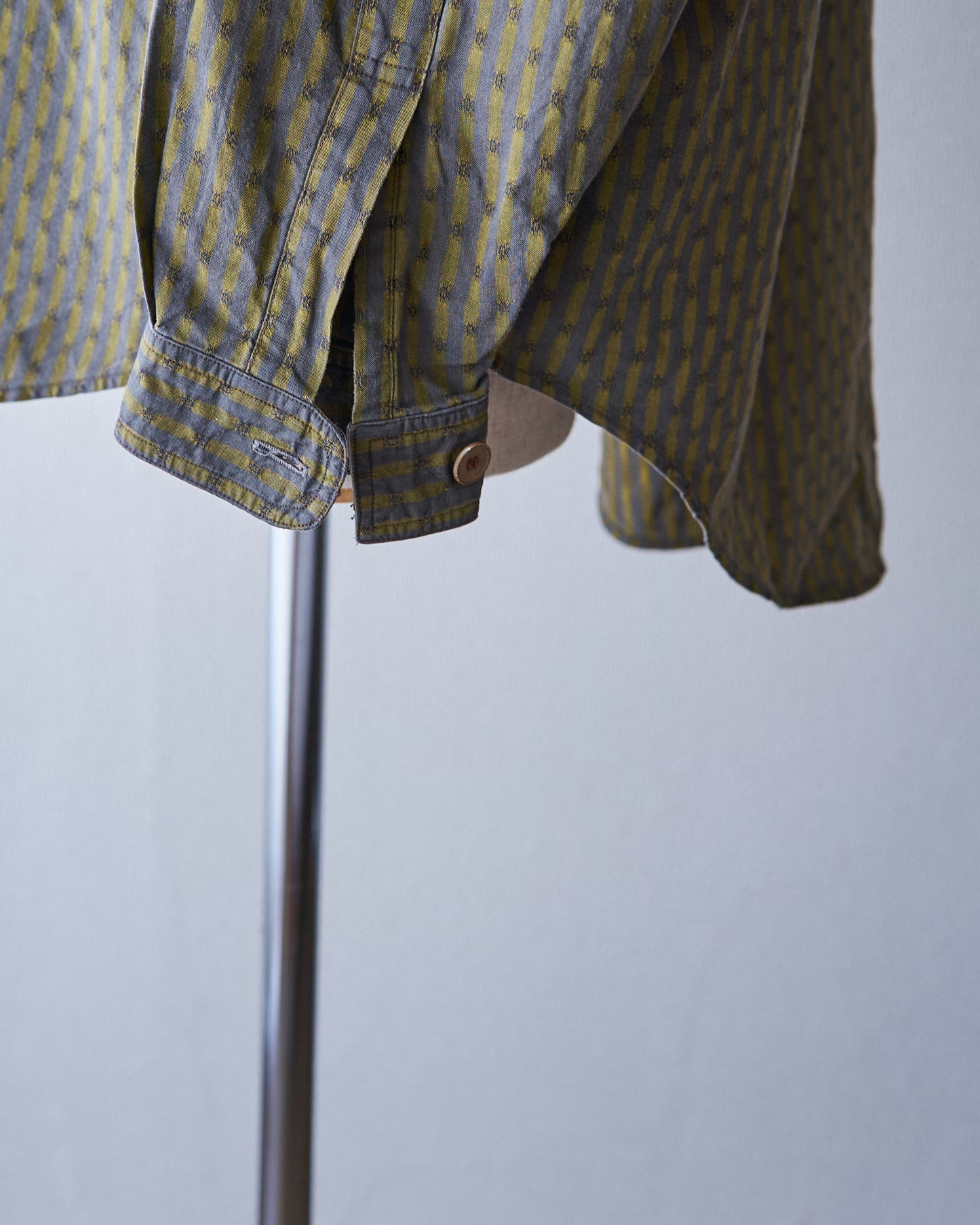 80-90s RENOMA PARIS Cotton Dobby-Striped Balloon Sleeve Shirt / Mustard Grey × Charcoal