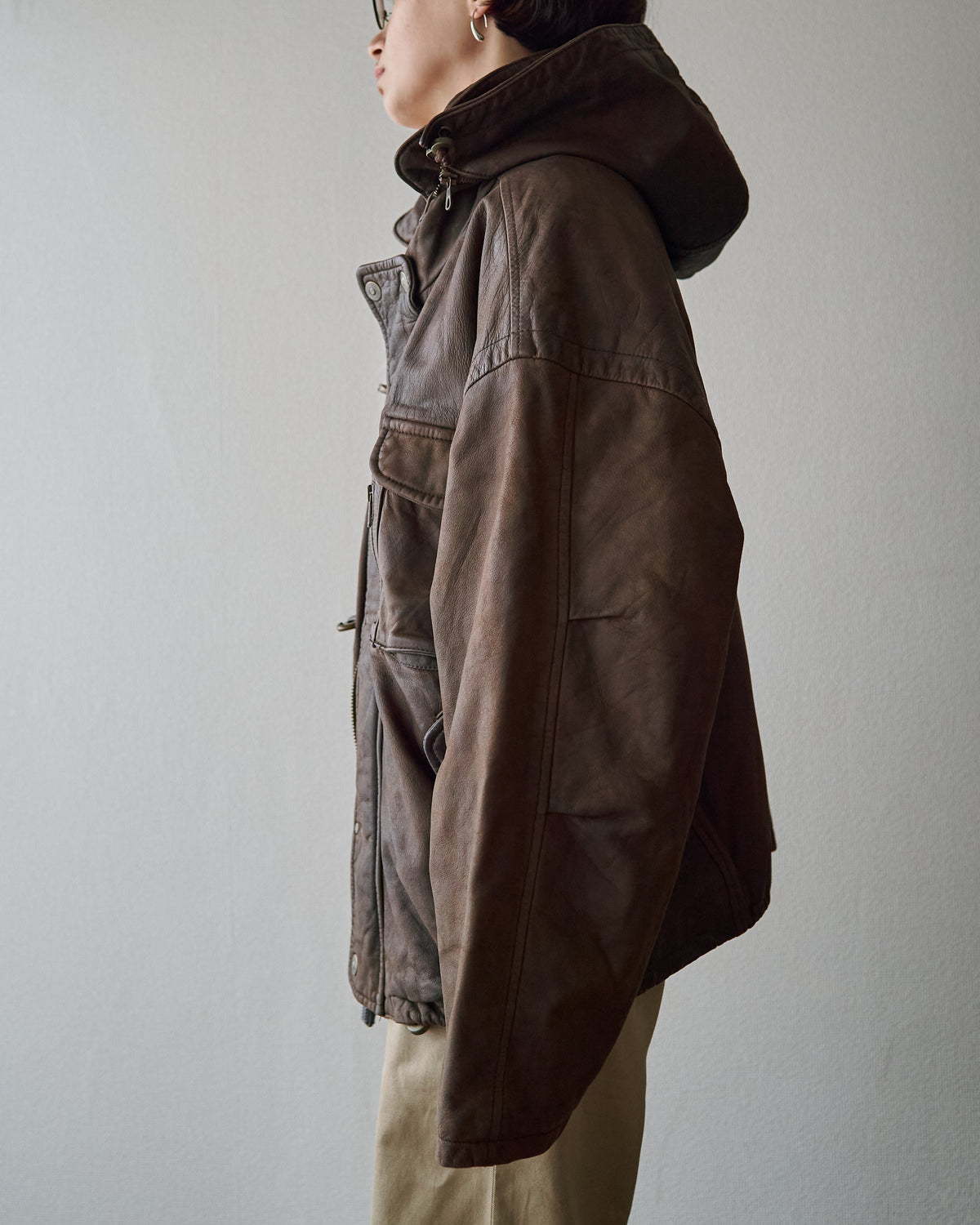 【SIZE S-M】80s Italian Leather Fireman  Hooded Jacket / Brown