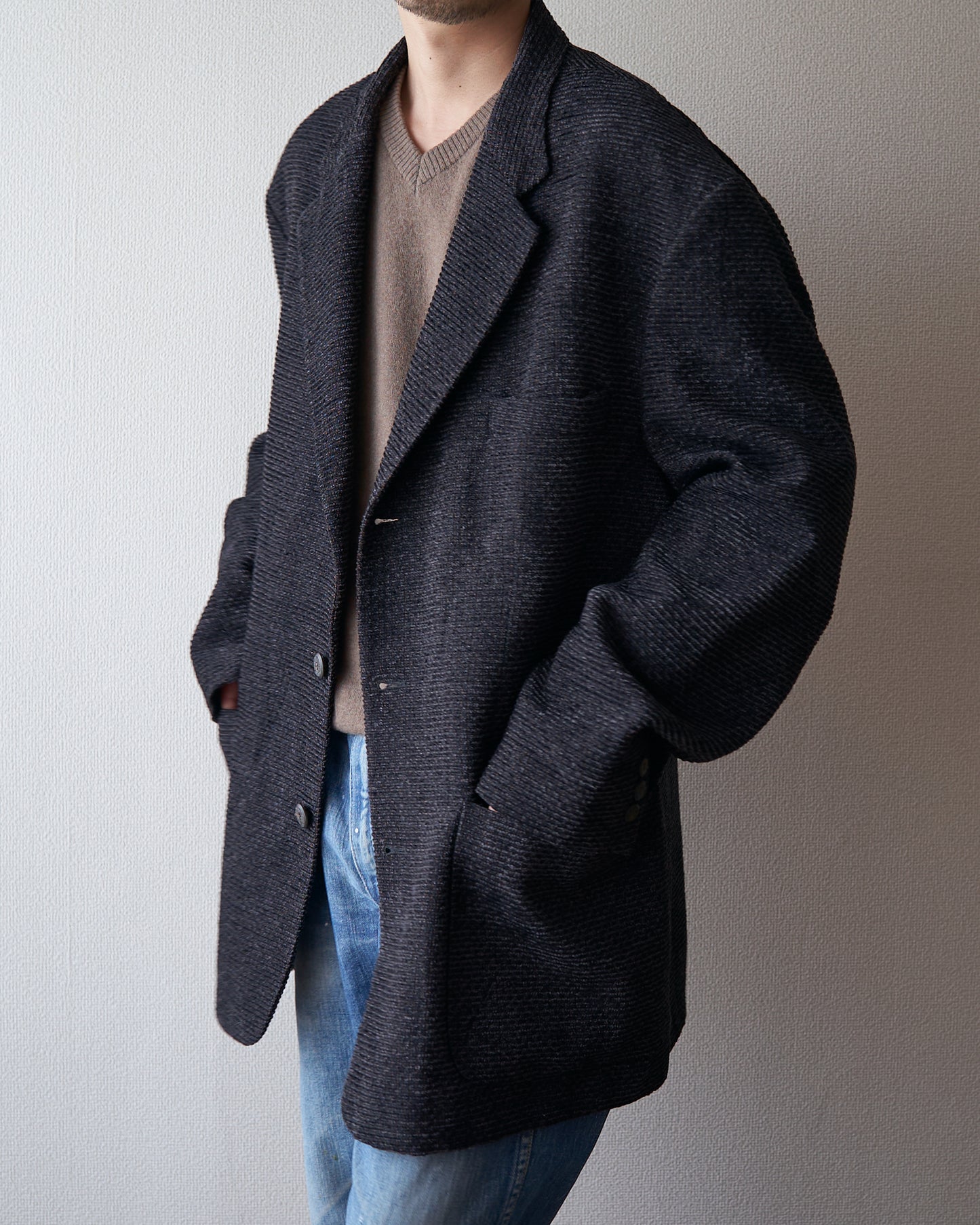90s JHANE BARNES Wool/Linen Textured boucle Jacket / Black