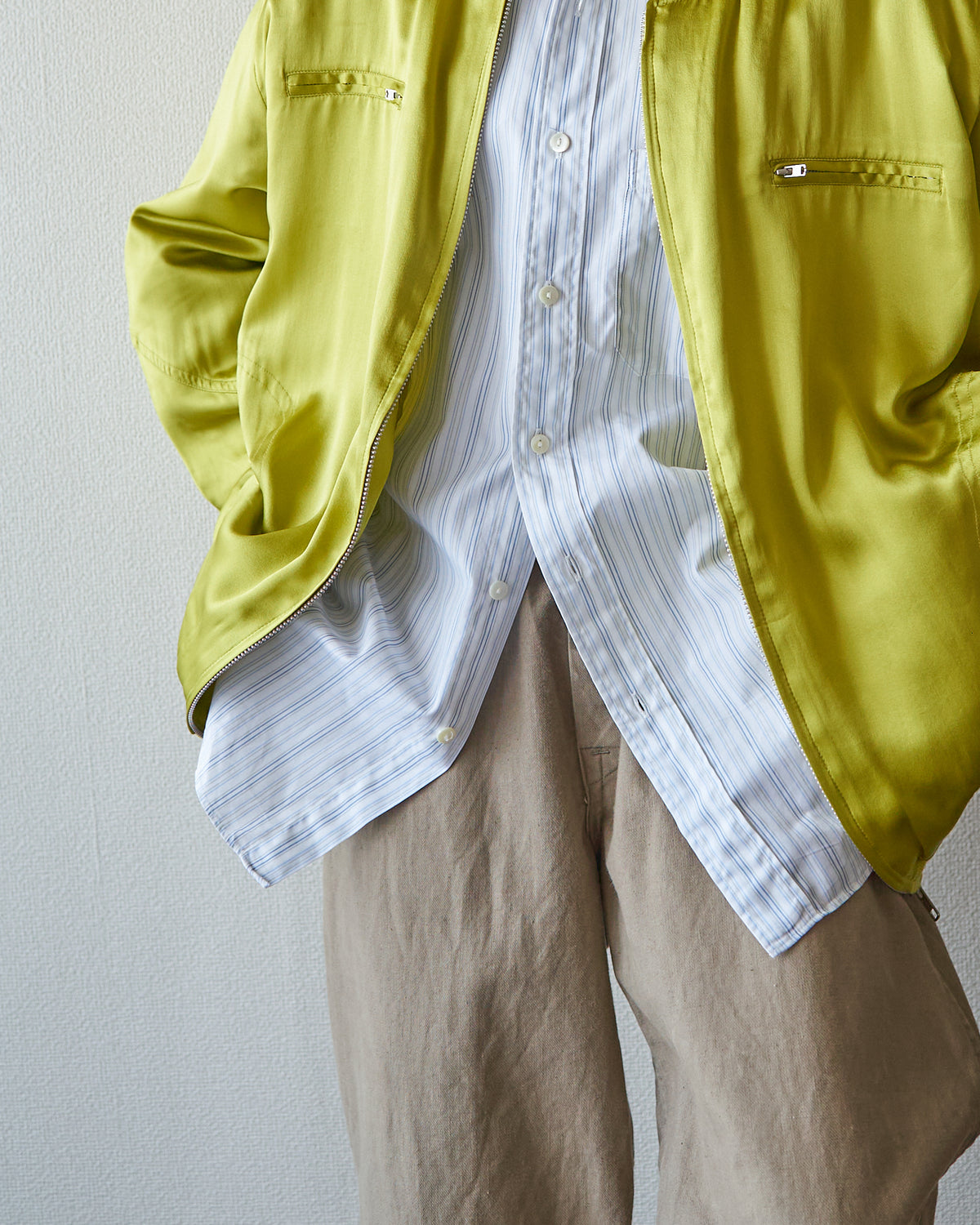 【SIZE S-M】2010s CHICO'S DESIGN Silk Satin MA-1 Bomber / Chartreuse Yellow