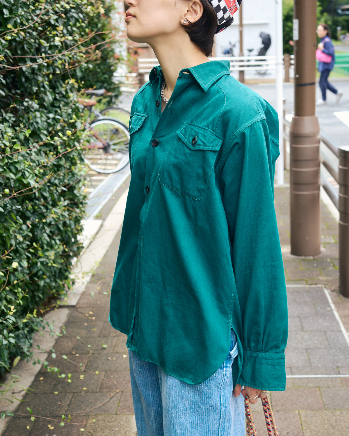 【SIZE S】1950-60s French Cotton Twill Back-Button Work Shirt / Deep Teal