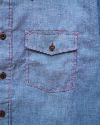 【SIZE M-L】70-80s HOUSE OF HANOVER Contrast-Stitch Poly-Cotton Western Chambray Shirt / Blue