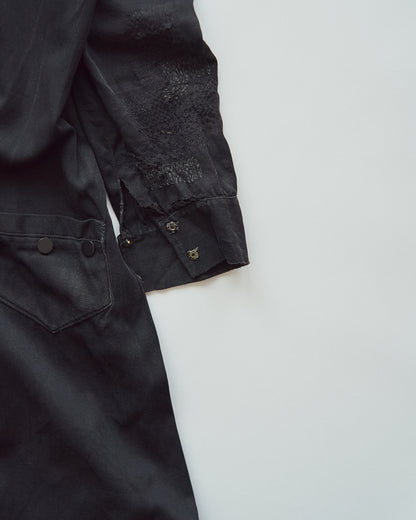 【SIZE S】-1940s French Black Cotton Sateen Maid Dress / Hand-Darned Repairs