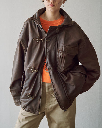 【SIZE S-M】80s Italian Leather Fireman  Hooded Jacket / Brown