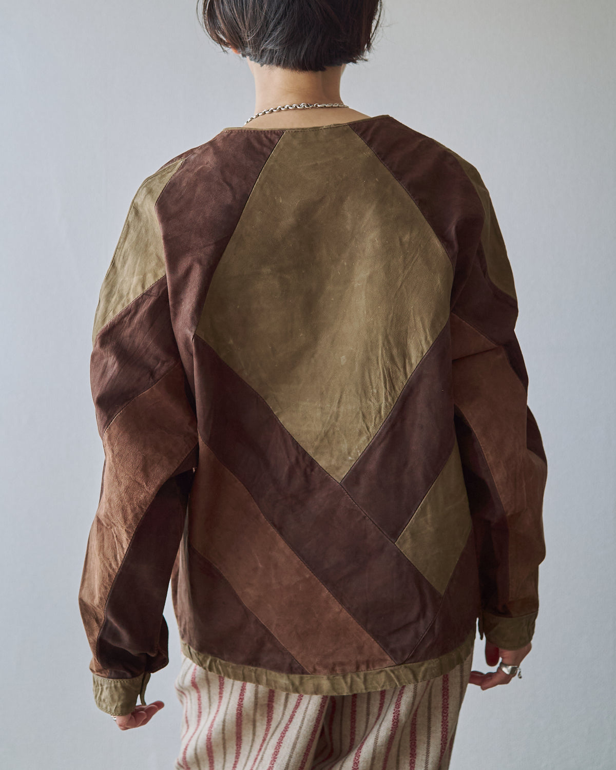 【SIZE S】70s Geometric Patchwork Suede Pullover / Tonal Brown