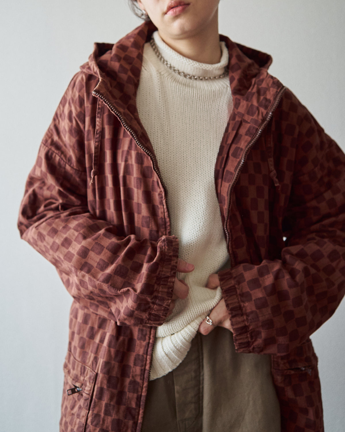 【M-L】90s MARIMEKKO Cotton Checkerboard Print Hooded Parka / Brown