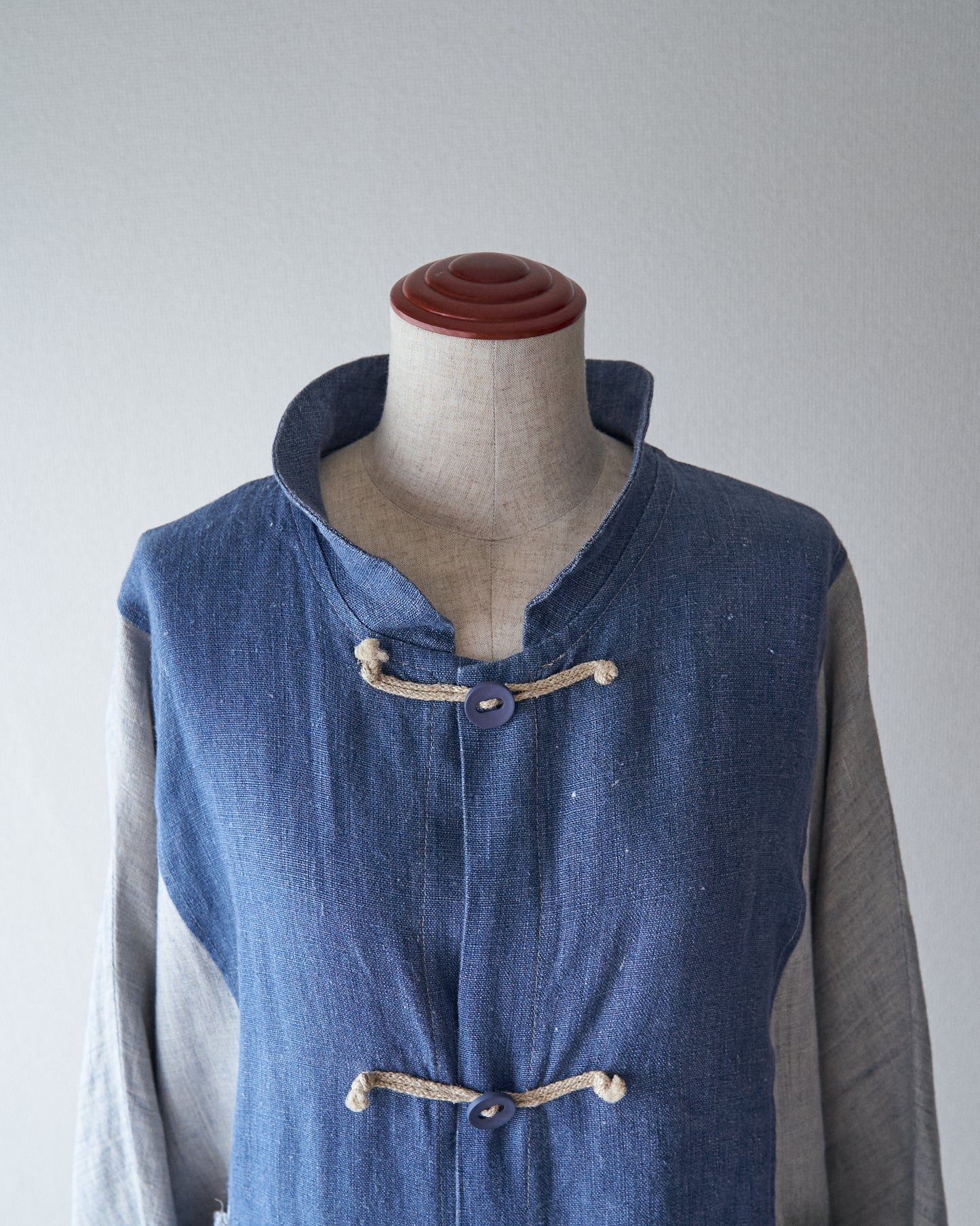 80-90s Circular Pocket Switching Linen Jacket / Blue × Gray