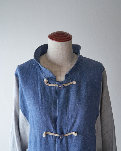 【Size S】80-90s Circular Pocket Switching Linen Jacket / Blue × Gray