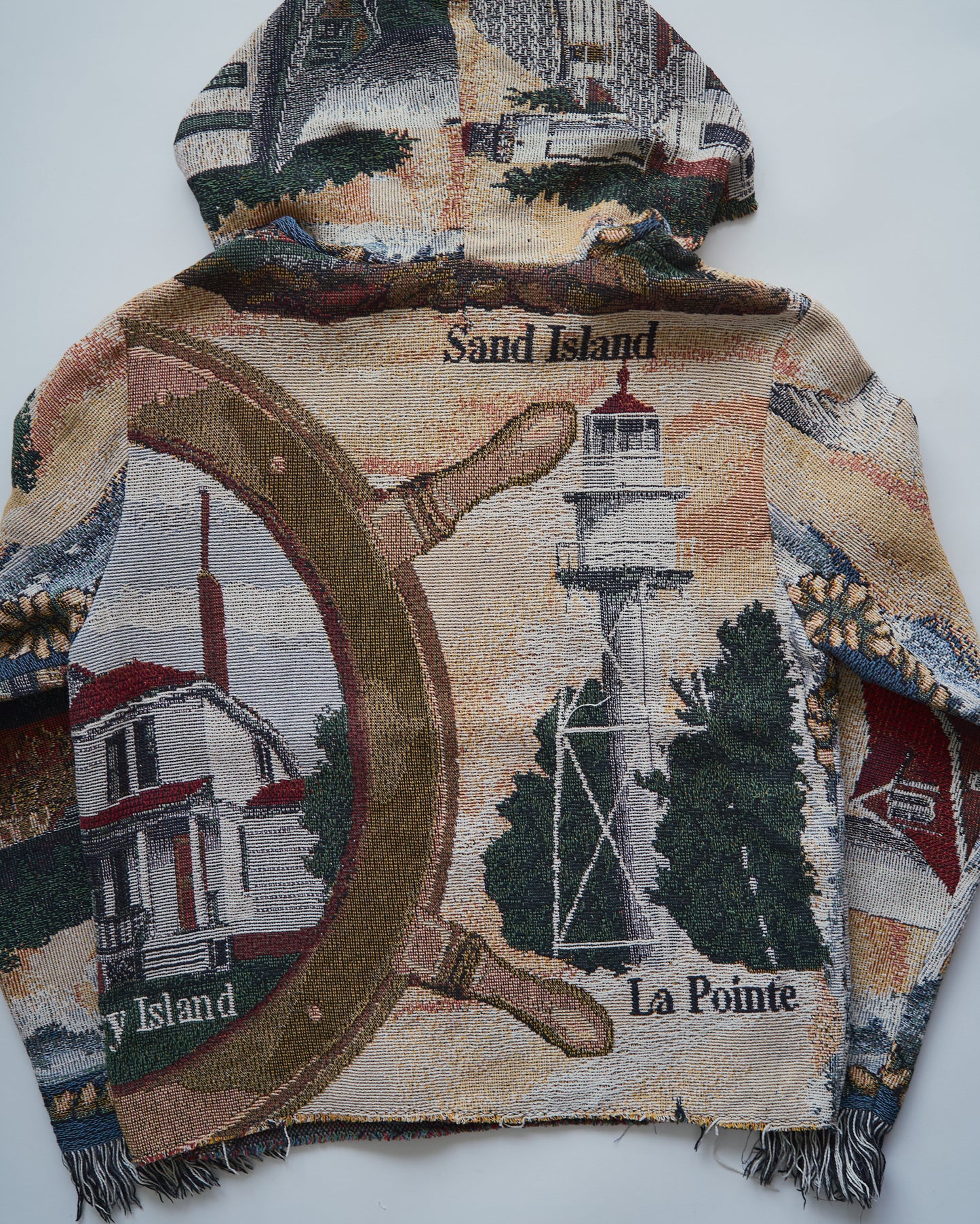 Lighthouse Jacquard Tapestry Remake Hoodie / Fringe Trim Multi