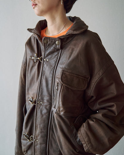 【SIZE S-M】80s Italian Leather Fireman  Hooded Jacket / Brown