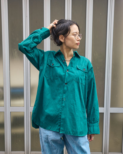 【SIZE S】1950-60s French Cotton Twill Back-Button Work Shirt / Deep Teal