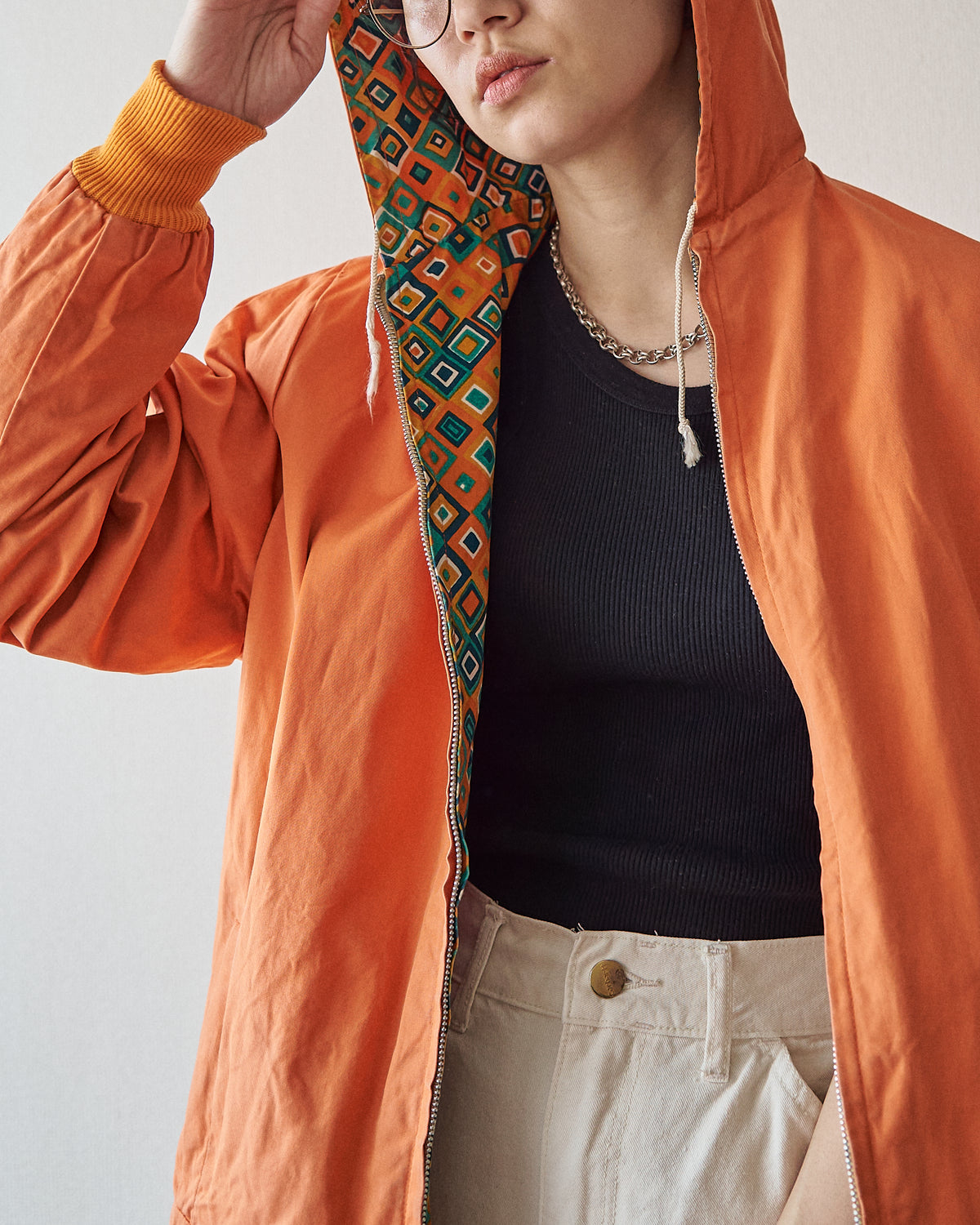 【SIZE S】70s Reversible Cotton Op-Art Geometric Print Ski Parka / Orange Multi