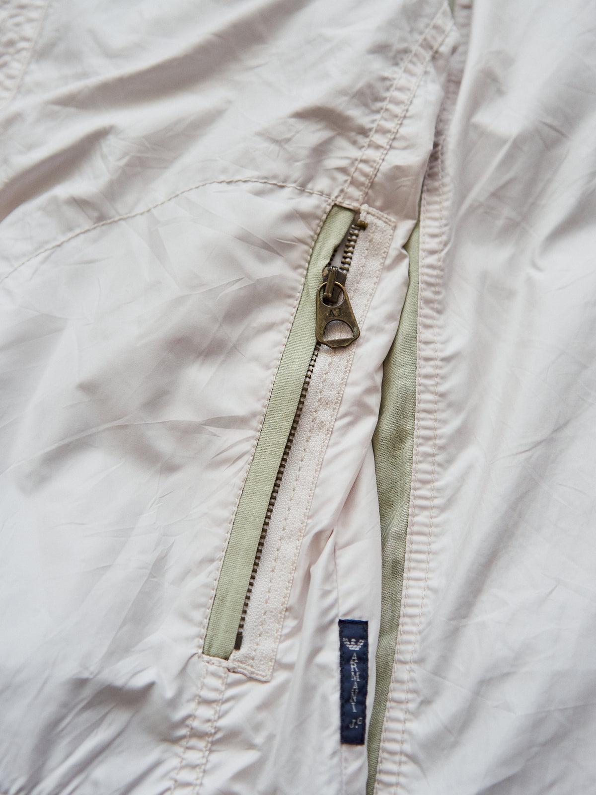 【SIZE M】2000s ARMANI JEANS PU-Coated Racing Stripe Moto Jacket / Ivory Sage Line
