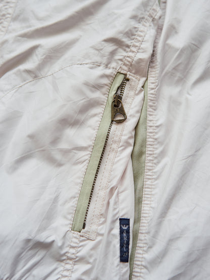 【SIZE M】2000s ARMANI JEANS PU-Coated Racing Stripe Moto Jacket / Ivory Sage Line