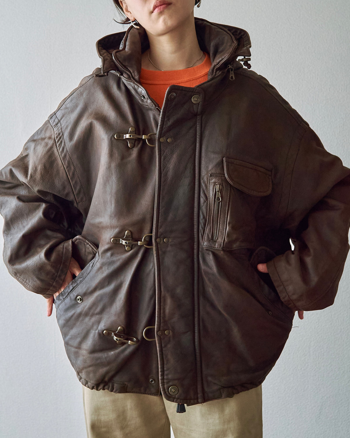 【SIZE S-M】80s Italian Leather Fireman  Hooded Jacket / Brown