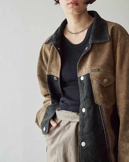 【SIZE M-L】90s DIESEL Suede Two-Tone Trucker Jacket / Beige Black