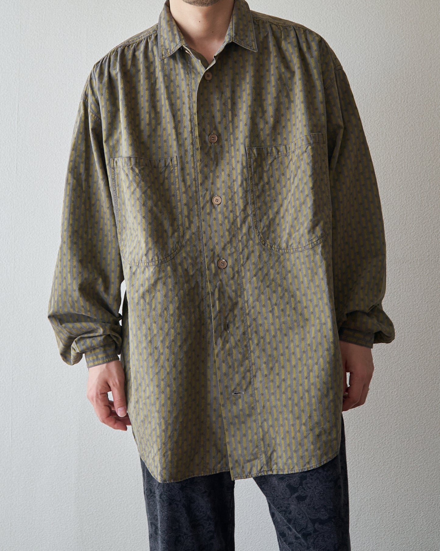 80-90s RENOMA PARIS Cotton Dobby-Striped Balloon Sleeve Shirt / Mustard Grey × Charcoal