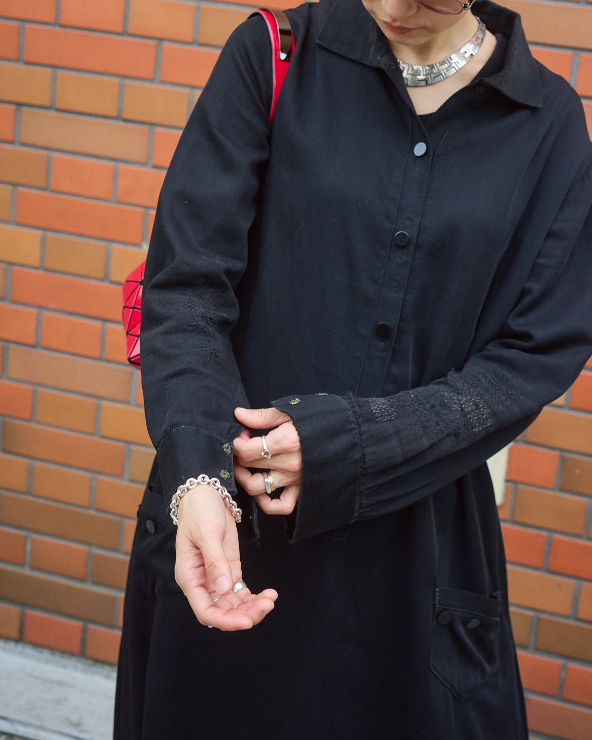 【SIZE S】-1940s French Black Cotton Sateen Maid Dress / Hand-Darned Repairs