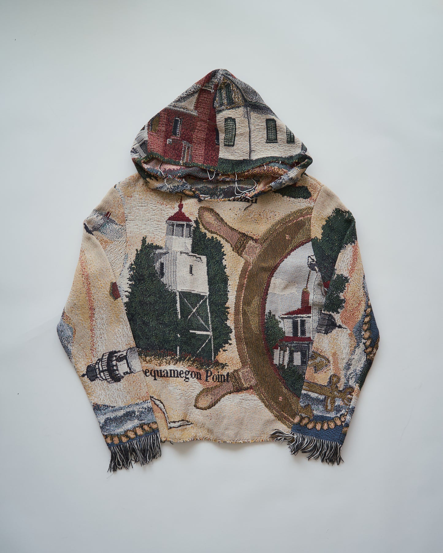 Lighthouse Jacquard Tapestry Remake Hoodie / Fringe Trim Multi