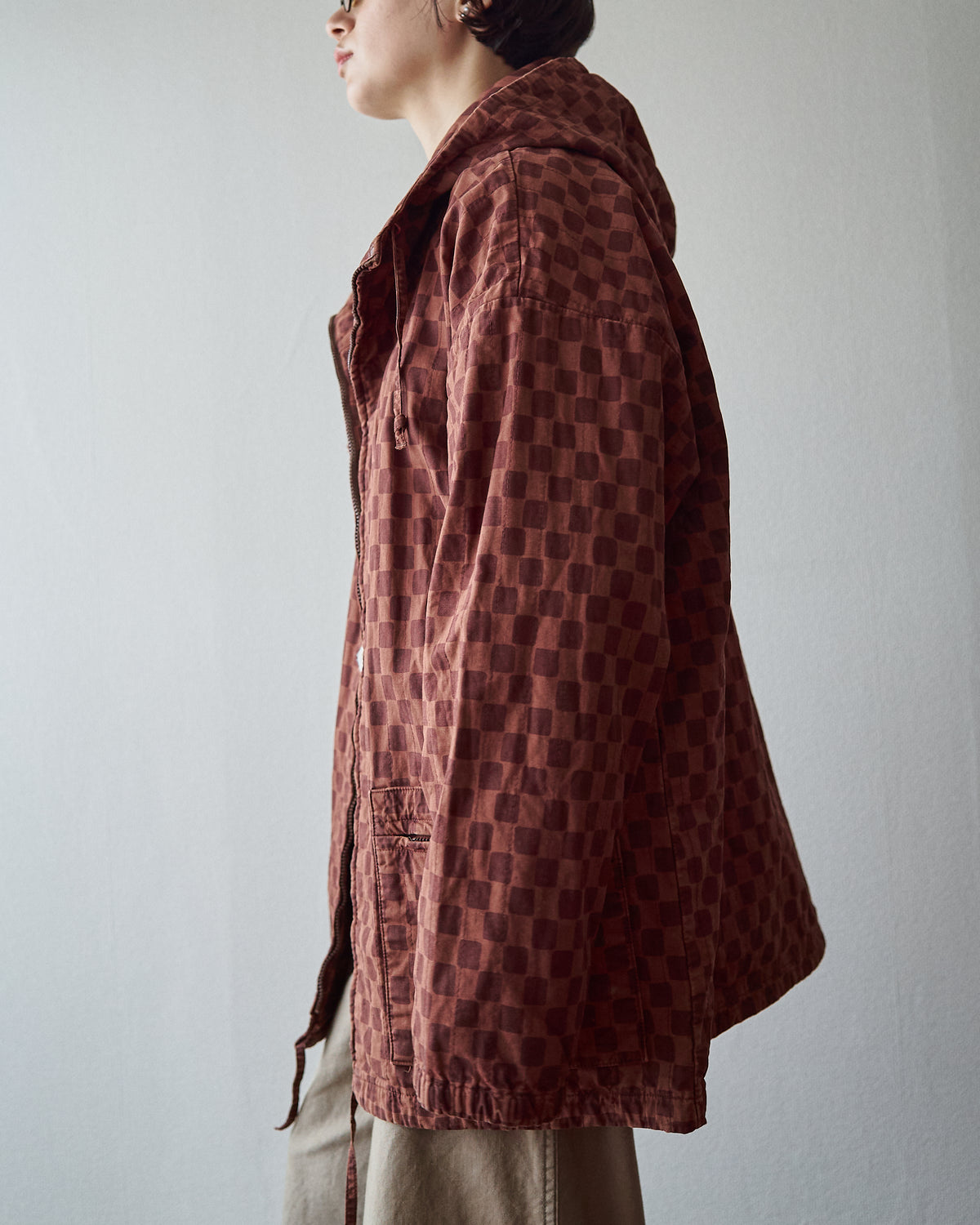 【M-L】90s MARIMEKKO Cotton Checkerboard Print Hooded Parka / Brown
