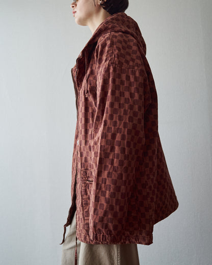 【M-L】90s MARIMEKKO Cotton Checkerboard Print Hooded Parka / Brown