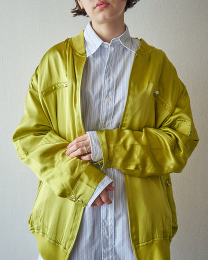 【SIZE S-M】2010s CHICO'S DESIGN Silk Satin MA-1 Bomber / Chartreuse Yellow