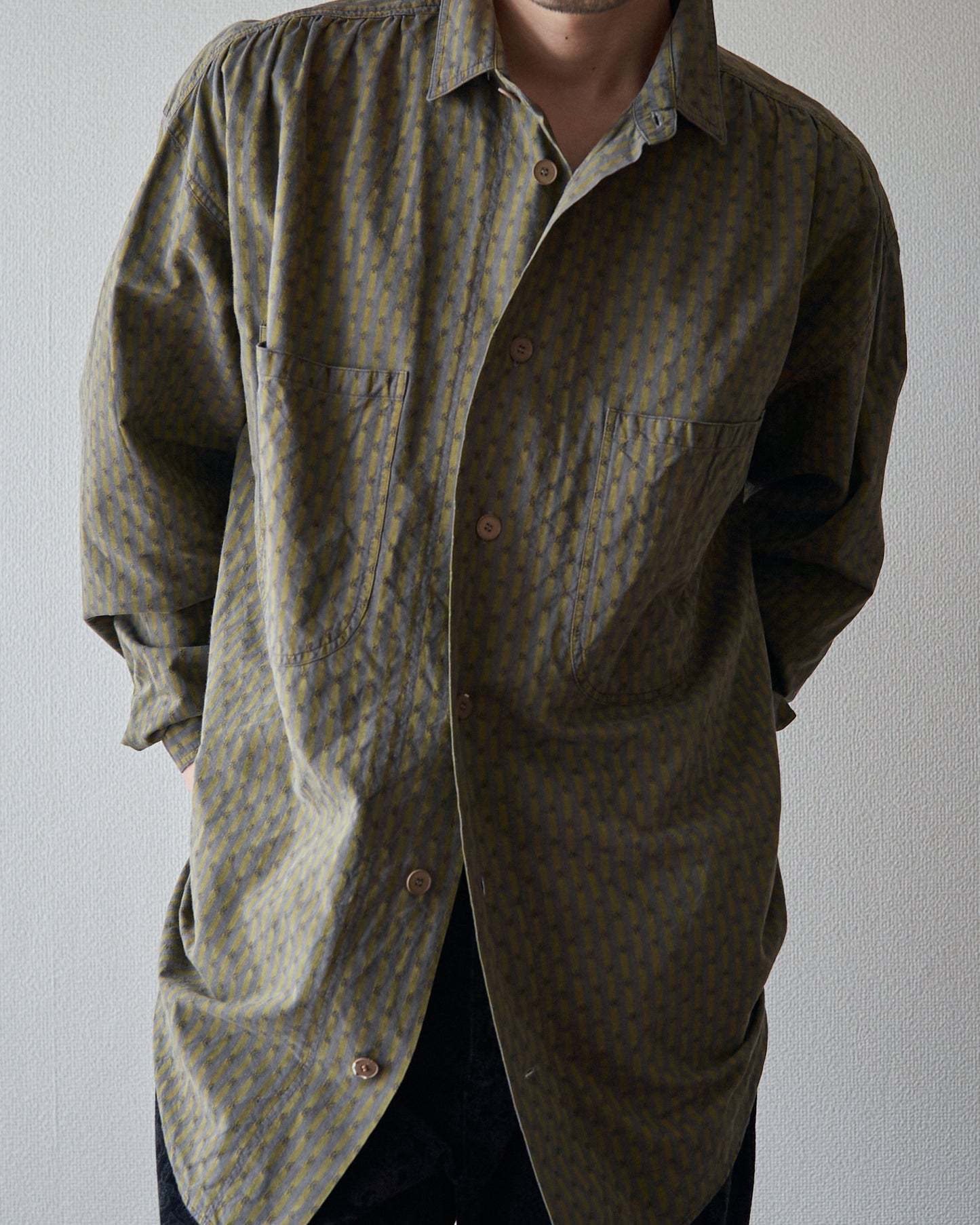 80-90s RENOMA PARIS Cotton Dobby-Striped Balloon Sleeve Shirt / Mustard Grey × Charcoal