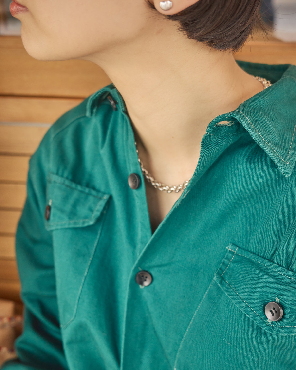 【SIZE S】1950-60s French Cotton Twill Back-Button Work Shirt / Deep Teal
