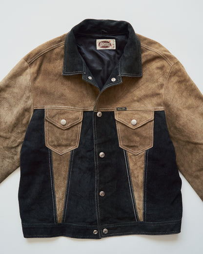 【SIZE M-L】90s DIESEL Suede Two-Tone Trucker Jacket / Beige Black