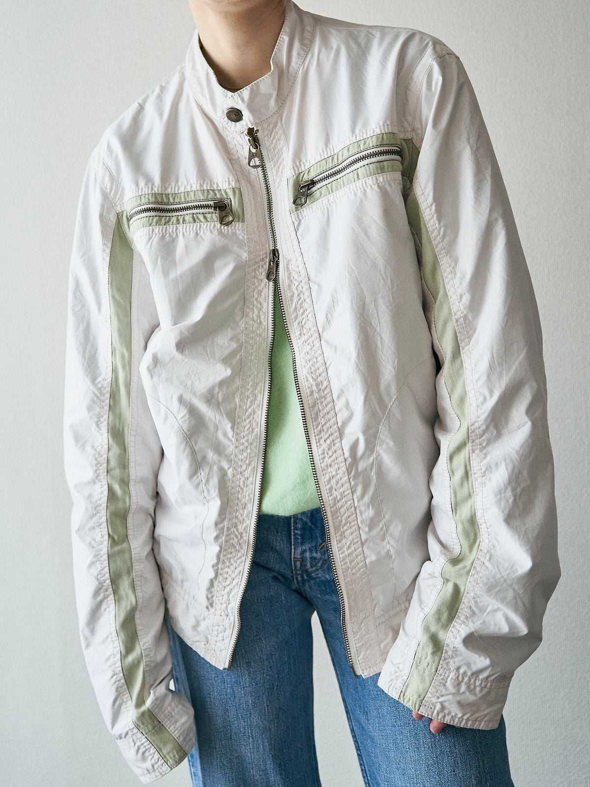【SIZE M】2000s ARMANI JEANS PU-Coated Racing Stripe Moto Jacket / Ivory Sage Line